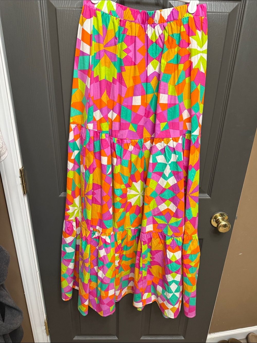 Flying Tomato Bright Pink Multi Geometric Tiered Maxi Skirt